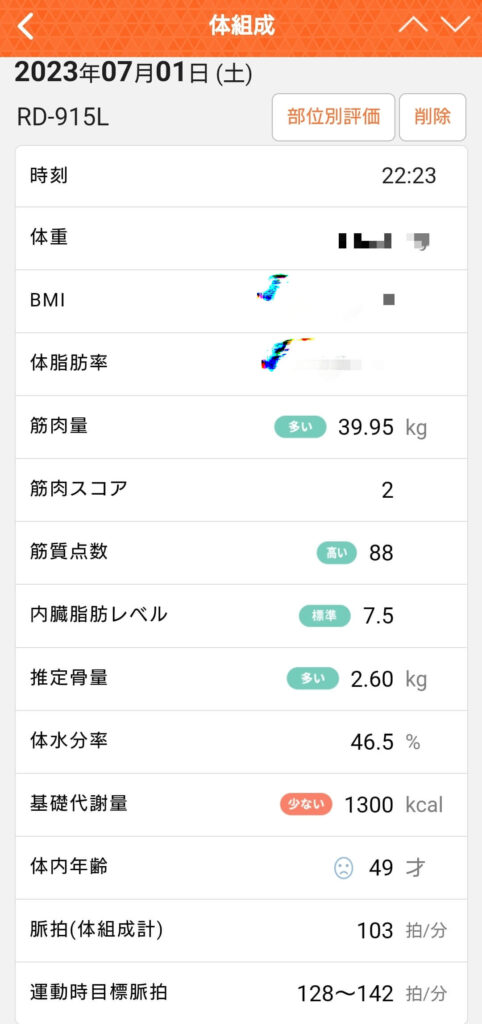 TANITAの体重計と連携しているアプリ「ヘルスプラネット」の体組成のスクショ